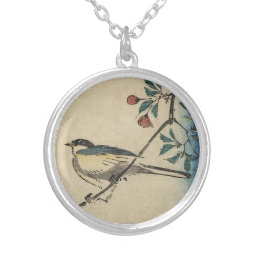 Vintage Japanese Bird and Blossom Art Silver Plated Necklace