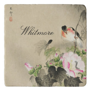 Vintage Japanese Bird and Pink Blossoms Print Trivet