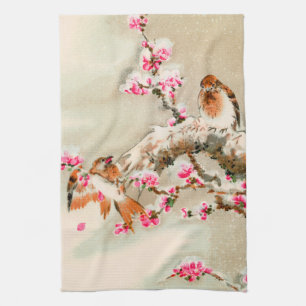 Vintage japanese birds on a branch kitchen towel