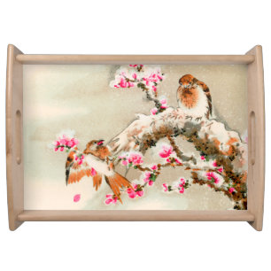 Vintage japanese birds on a branch serving tray