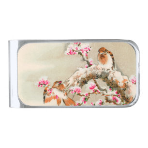 Vintage japanese birds on a branch silver finish money clip