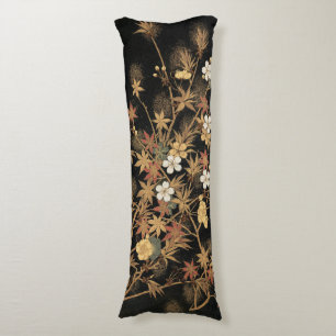 Vintage Japanese Black Gold Autumn Floral Art Body Pillow