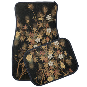 Vintage Japanese Black Gold Autumn Floral Art Car Floor Mat