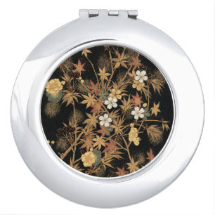 Vintage Japanese Black Gold Autumn Floral Art Compact Mirror