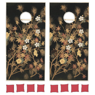 Vintage Japanese Black Gold Autumn Floral Art Cornhole Set