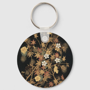 Vintage Japanese Black Gold Autumn Floral Art Keychain
