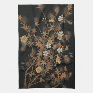 Vintage Japanese Black Gold Autumn Floral Art Kitchen Towel