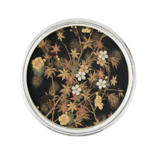 Vintage Japanese Black Gold Autumn Floral Art Lapel Pin