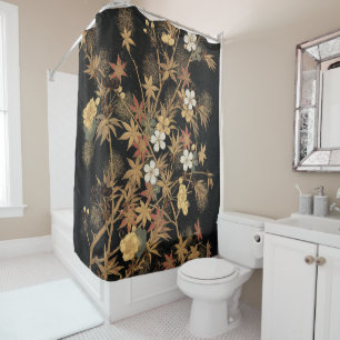 Vintage Japanese Black Gold Autumn Floral Art Shower Curtain