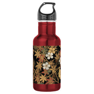 Vintage Japanese Black Gold Autumn Floral Art Stainless Steel Water Bottle
