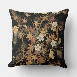 Vintage Japanese Black Gold Autumn Floral Art Throw Pillow