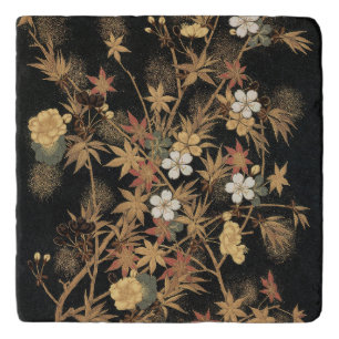 Vintage Japanese Black Gold Autumn Floral Art Trivet