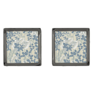 Vintage Japanese Blue Botanical: Cream Leaf Fern Cufflinks