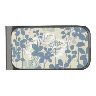 Vintage Japanese Blue Botanical: Cream Leaf Fern Gunmetal Finish Money Clip