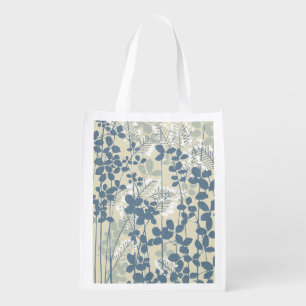 Vintage Japanese Blue Botanical: Cream Leaf Fern Reusable Grocery Bag