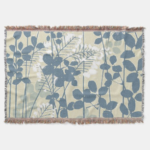 Vintage Japanese Blue Botanical: Cream Leaf Fern Throw Blanket