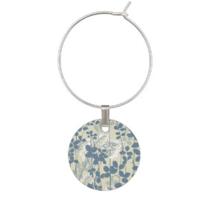 Vintage Japanese Blue Botanical: Cream Leaf Fern Wine Glass Charm