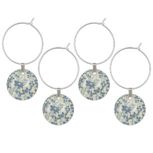 Vintage Japanese Blue Botanical: Cream Leaf Fern Wine Glass Charm