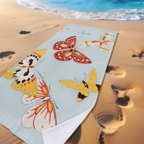 Vintage Japanese Butterflies Beach Towel with Name