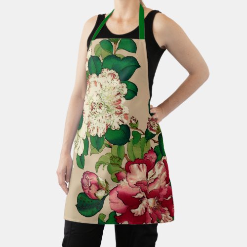 Vintage Japanese Camellias Deep Pink on Beige Apron