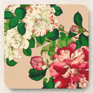 Vintage Japanese Camellias. Deep Pink on Beige Beverage Coaster