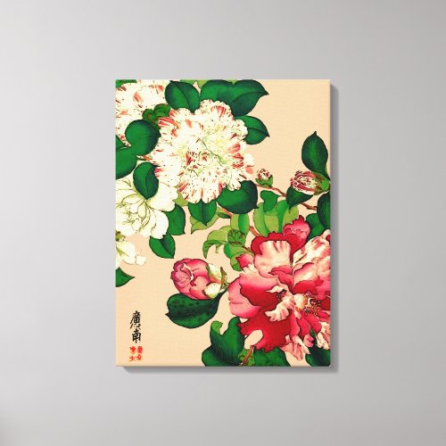 Vintage Japanese Camellias Deep Pink on Beige Canvas Print