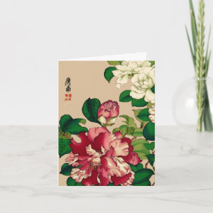 Vintage Japanese Camellias. Deep Pink on Beige Card