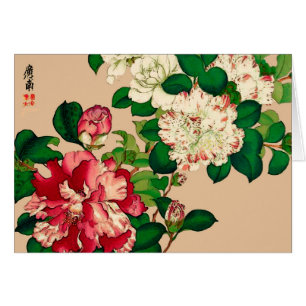 Vintage Japanese Camellias. Deep Pink on Beige Cards