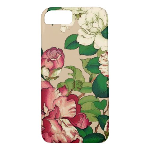 Vintage Japanese Camellias Deep Pink on Beige iPhone 87 Case