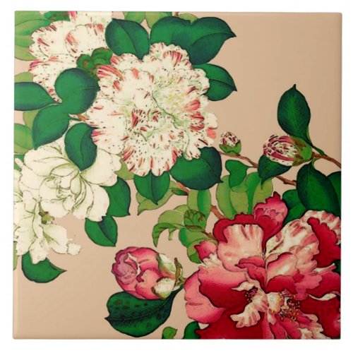 Vintage Japanese Camellias Deep Pink on Beige Ceramic Tile
