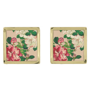 Vintage Japanese Camellias. Deep Pink on Beige Cufflinks