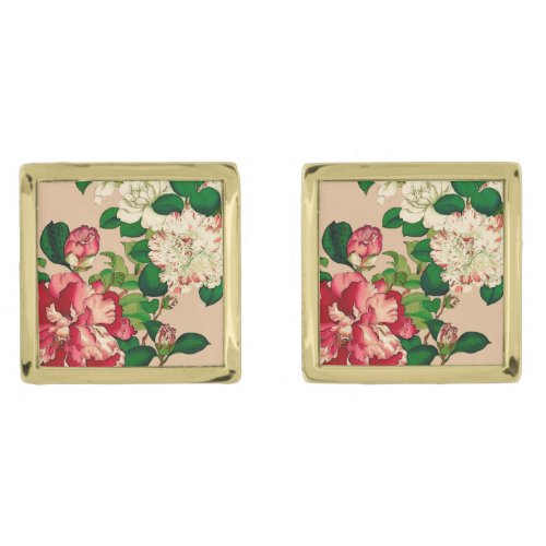 Vintage Japanese Camellias Deep Pink on Beige Cufflinks