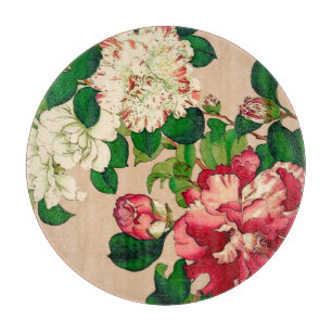 Vintage Japanese Camellias. Deep Pink on Beige Cutting Board