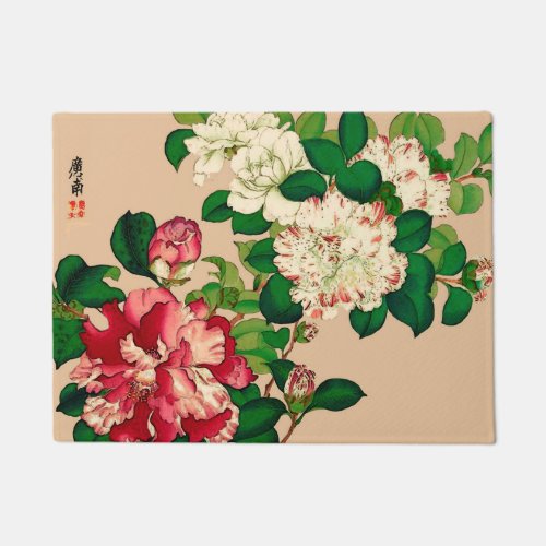 Vintage Japanese Camellias Deep Pink on Beige Doormat