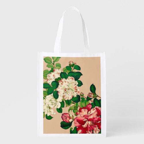 Vintage Japanese Camellias Deep Pink on Beige Grocery Bag