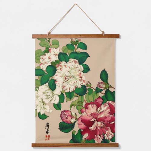 Vintage Japanese Camellias Deep Pink on Beige  Hanging Tapestry