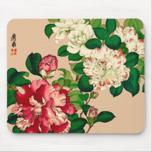 Vintage Japanese Camellias. Deep Pink on Beige Mouse Pad