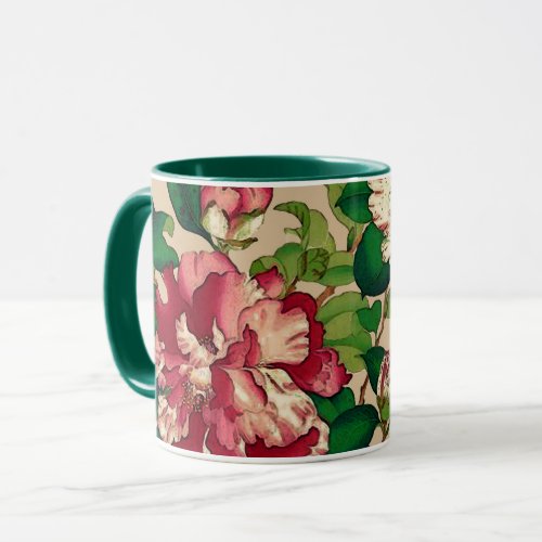 Vintage Japanese Camellias Deep Pink on Beige Mug