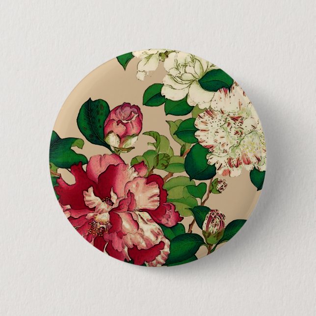 Vintage Japanese Camellias. Deep Pink on Beige Pinback Button (Front)