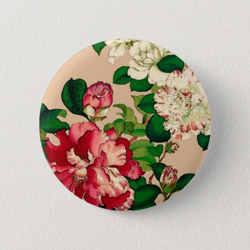 Vintage Japanese Camellias Deep Pink on Beige Pinback Button