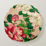 Vintage Japanese Camellias. Deep Pink on Beige Round Pillow