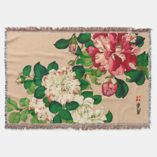 Vintage Japanese Camellias. Deep Pink on Beige Throw Blanket