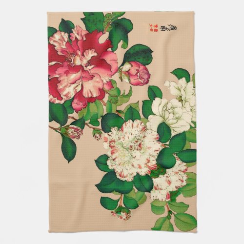 Vintage Japanese Camellias Deep Pink on Beige Towel