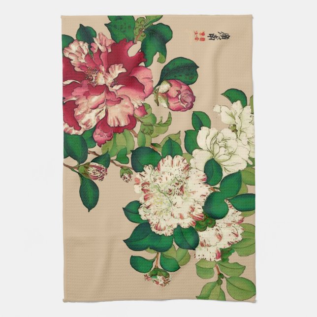 Vintage Japanese Camellias. Deep Pink on Beige Towel (Vertical)