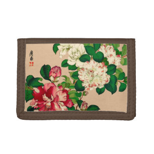 Vintage Japanese Camellias. Deep Pink on Beige Tri-fold Wallet