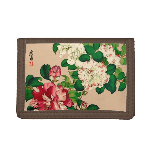 Vintage Japanese Camellias Deep Pink on Beige Trifold Wallet
