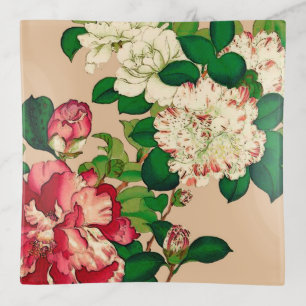 Vintage Japanese Camellias. Deep Pink on Beige Trinket Tray