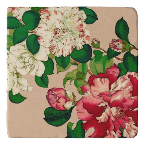 Vintage Japanese Camellias Deep Pink on Beige   Trivet