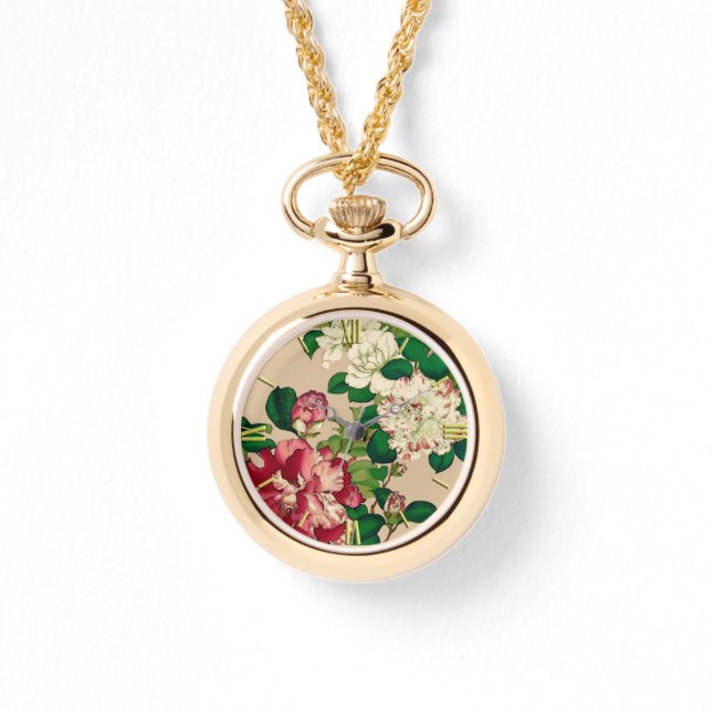 Vintage Japanese Camellias. Deep Pink on Beige Watch (Front)