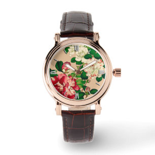 Vintage Japanese Camellias. Deep Pink on Beige Watch